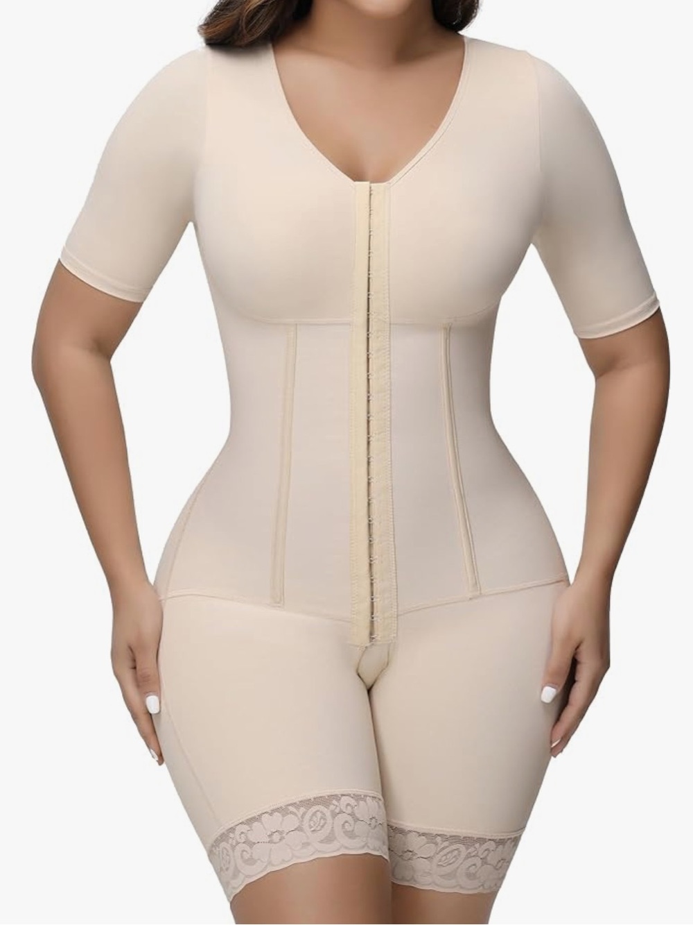 Women's Large Shapewear Bodysuit with Short Sleeves - Nude
